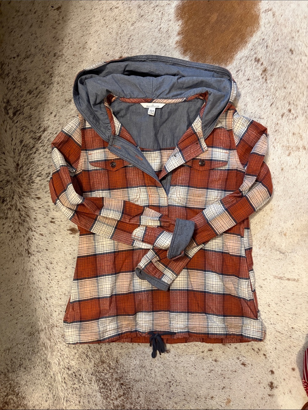 L.L. Bean Rust and Cream Plaid Hooded Utility Jacket
